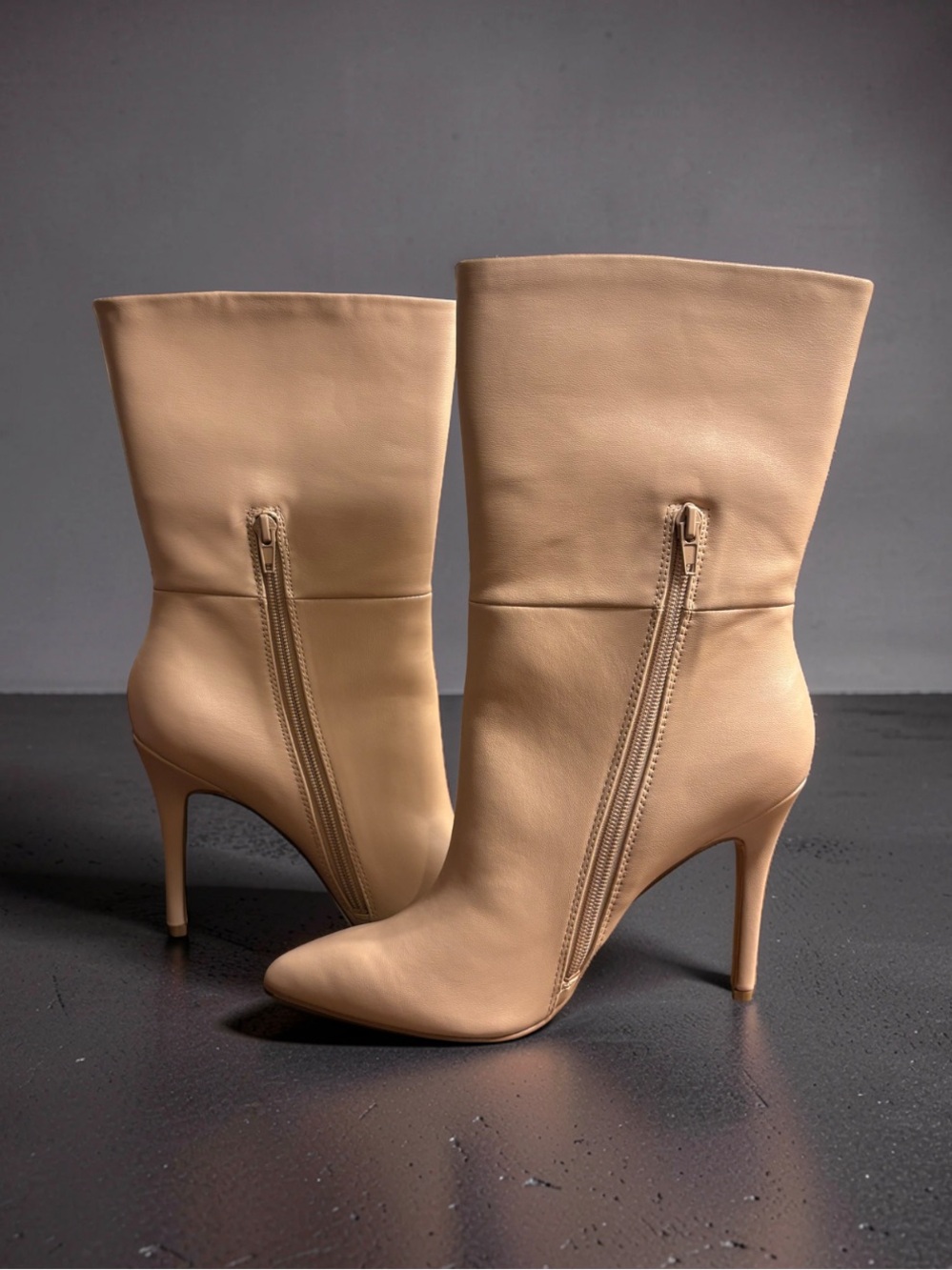 Charles By Charles David Nude Smooth Palisades Pointed-Toe Mid-Calf Heeled Boots